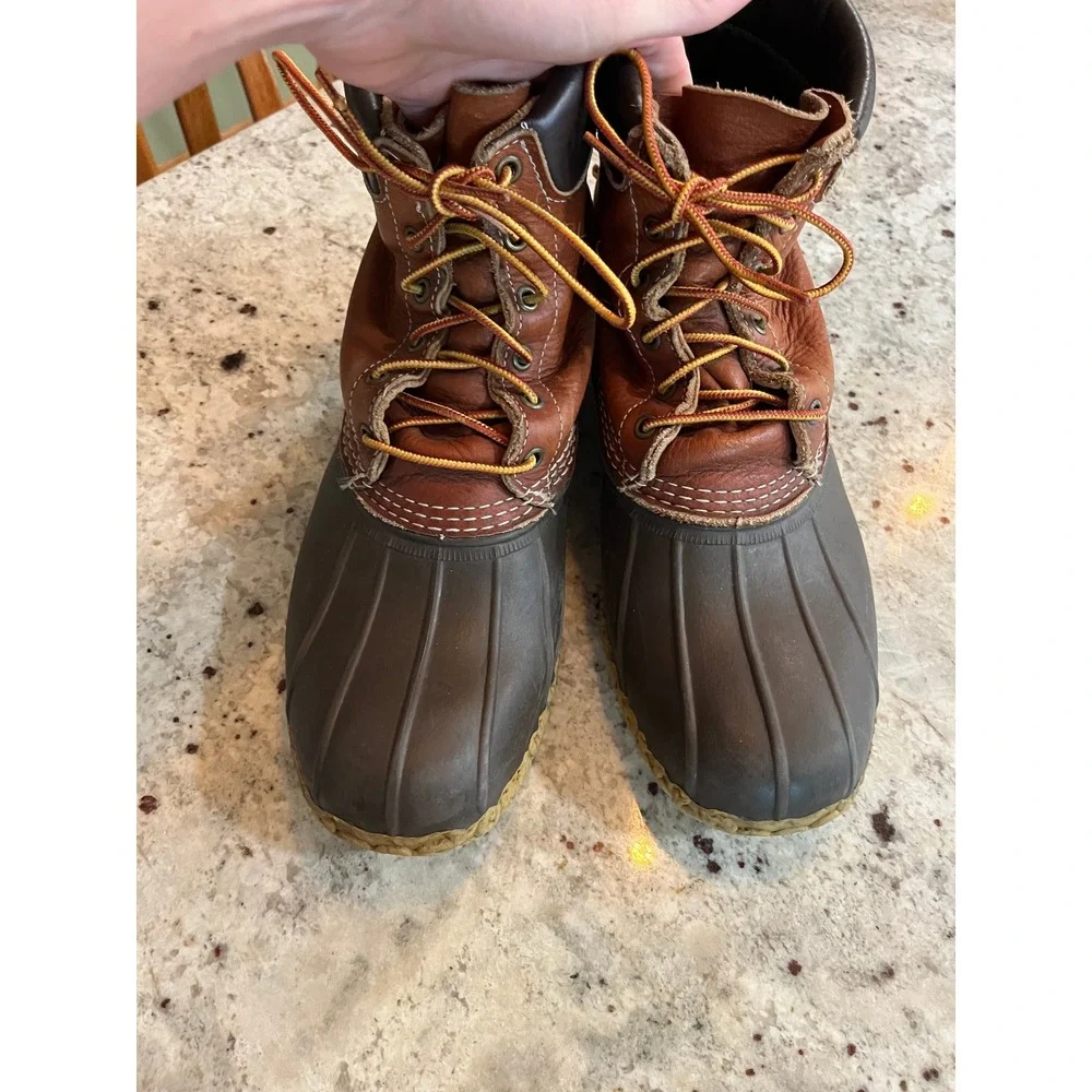 LL Bean Mens Bean Boots 8 In Duck Boots Brown Tan Leather Waterproof Made in USA